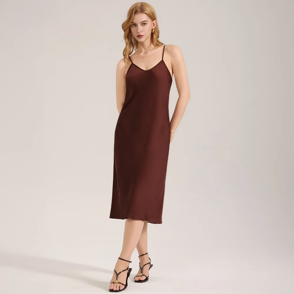 Simple Solid Color Satin Chiffon Sleepwear Casual and Elegant for Women's Slim Fit Suspender Nightgown Bathroom Home Wear Dress