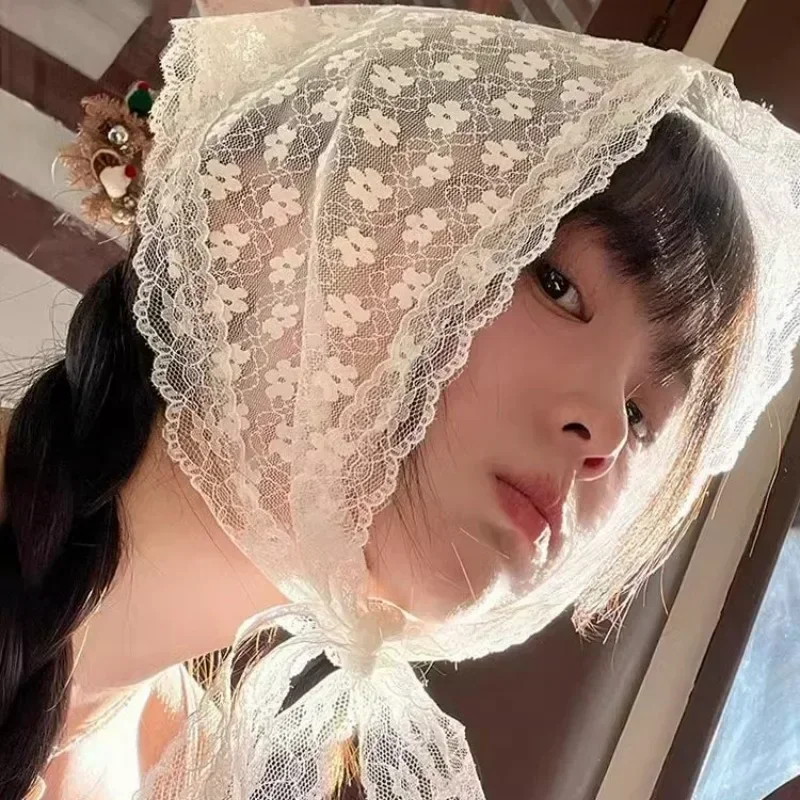 Lace Flower Hair Scarf Elegant Temperament Lace Female Flower White Sweet Triangle Scarf Thin Ribbon Artistic Travel Photo