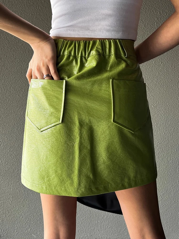 Spring High Waist Slim Ladies PU Leather A-line Skirts Elegant Green Women Mini Skirts Fashion Short Skirt