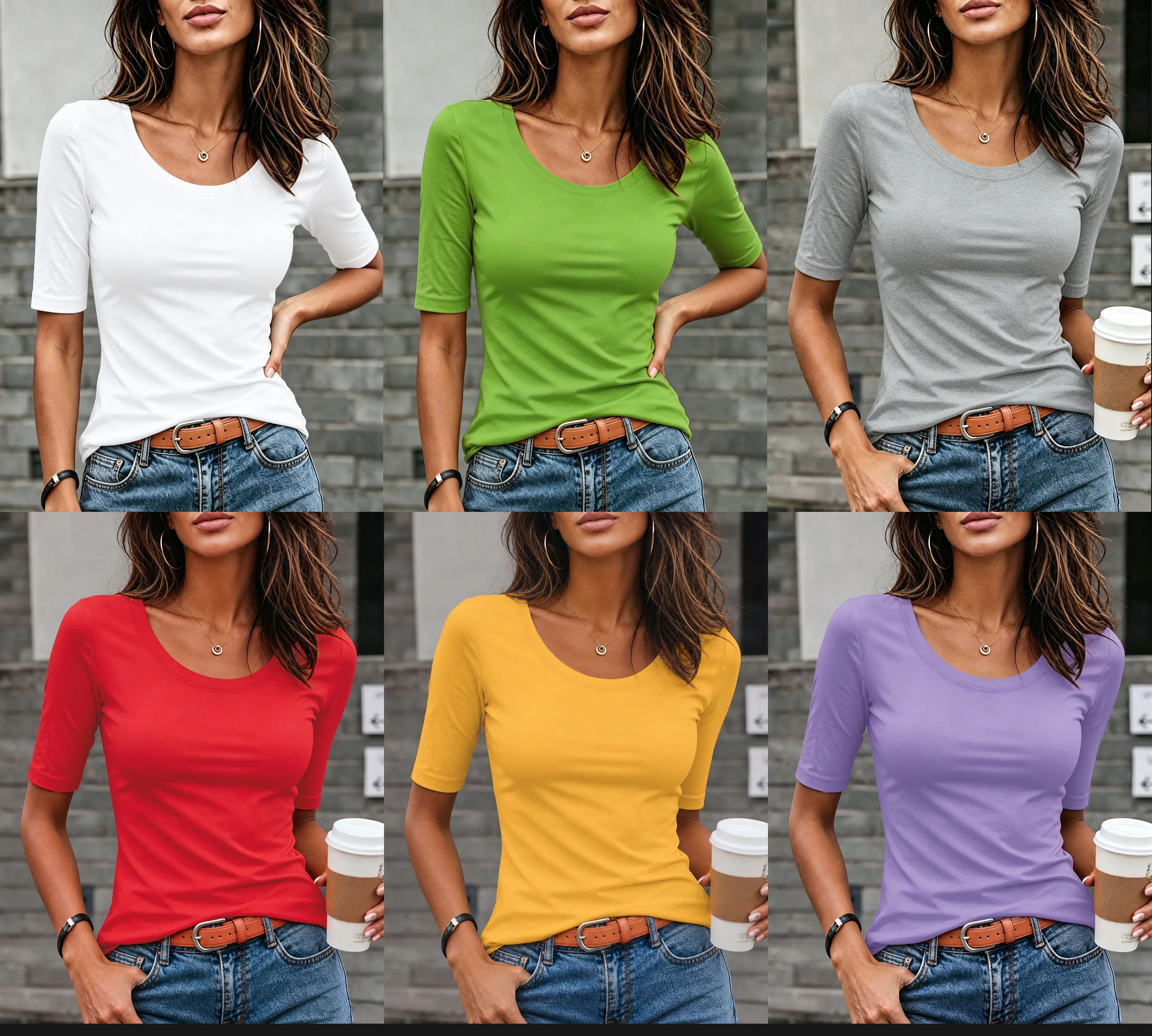 Einfarbiges, großes U-Ausschnitt-Strick-T-Shirt mit Dreiviertelärmeln für Damen, schmale Passform, dehnbar, einfaches Basic-Shirt, europäischer und amerikanischer schlichter Stil, geeignet für den Alltag und das Pendel – Detail 8