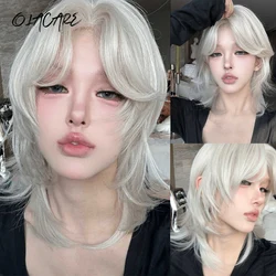 OLACARE Short Mullet Head Wigs with Bangs Synthetic Straight Anime For Women Black Gray White Hair Wig for Daily Party Cosplay