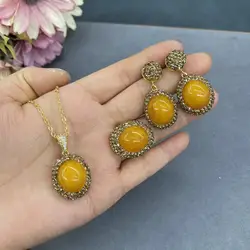New beeswax jade inlaid three-piece set personalized medieval high-end point diamond jewelry wholesale