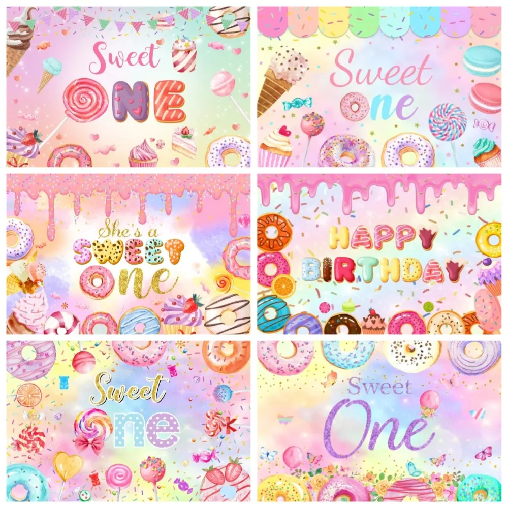 

Lollipop donut ice cream themed banner photography background, children's birthday party, home decoration photography background