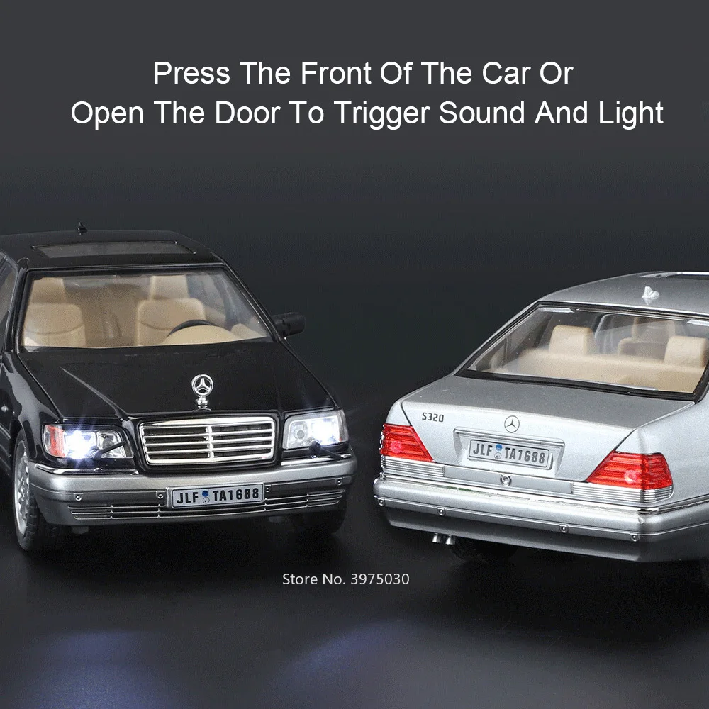 1:24 benz w140 320sel modelos carros brinquedos pneus de borracha com veículos de música leve roda puxar para trás carro em miniatura crianças presentes de aniversário