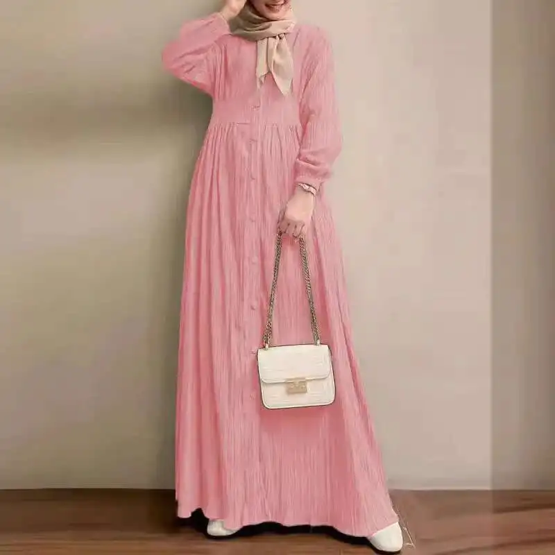 

2025 Muslim Women's Bubble Sleeve Robe Spring and Autumn New Style Solid Color Fashion Elegant Dress Dubai Luxury Islam Elegant