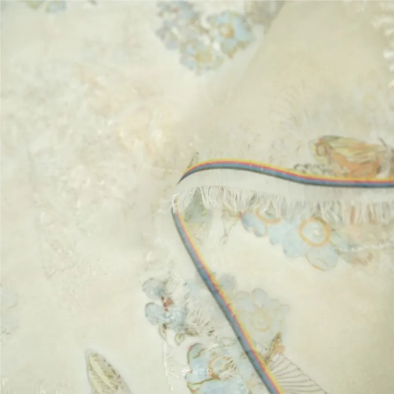 Chinese-style heavy industry pavilions terraces towers figures embroidery European-style gauze mesh fabric formal wear Hanfu