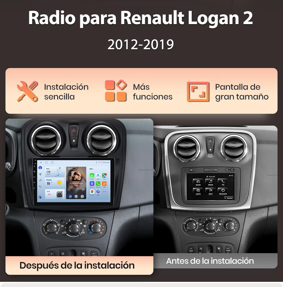Junsun Wireless CarPlay Android Auto Autoradio für Renault Logan 2 Sandero 2014-2019 Auto-Intelligentes System BT FM Spanisch Lokal – Detail 3