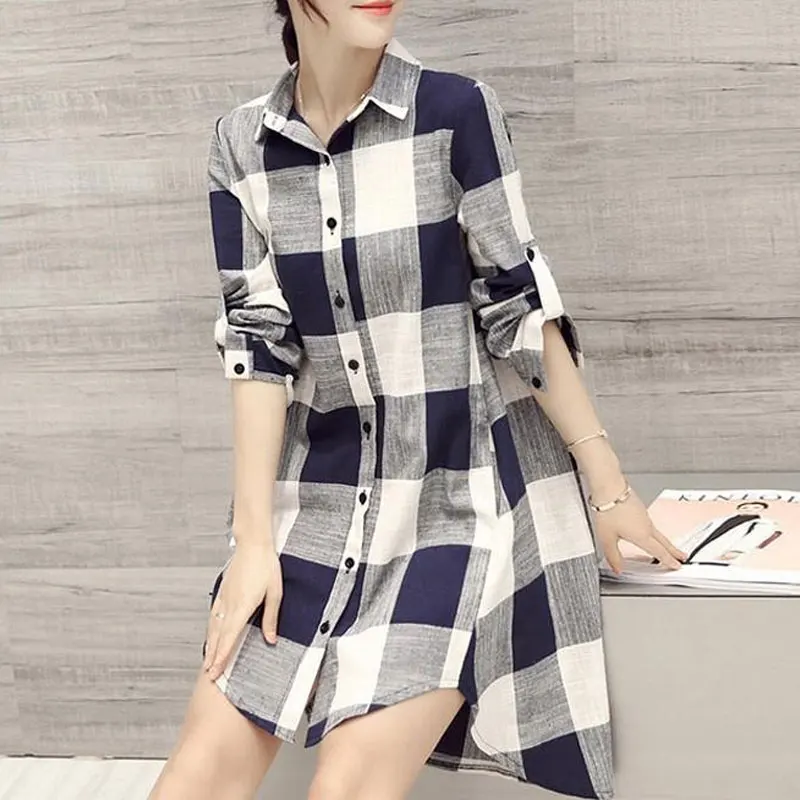 Spring Autumn Casual Plaid Polo-Neck Shirt Women\'s Clothing Fashion Single-breasted Korean Loose Long Sleeve Pockets Midi Blouse