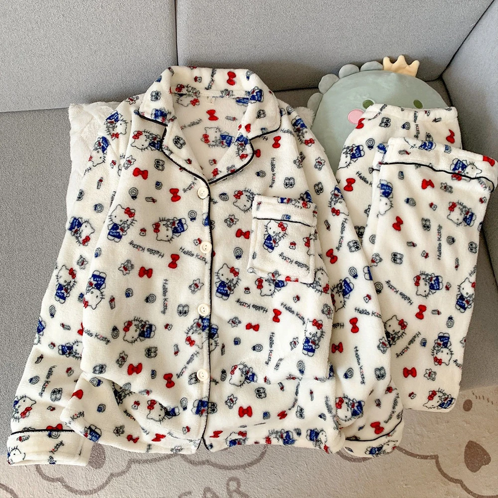 Sanrio Hello Kitty Flannel Women's Pajamas Set Cuteore Cartoon Winter Warm Sleepwear Long Sleeve Pant Nightwear Home Clothes New view 2