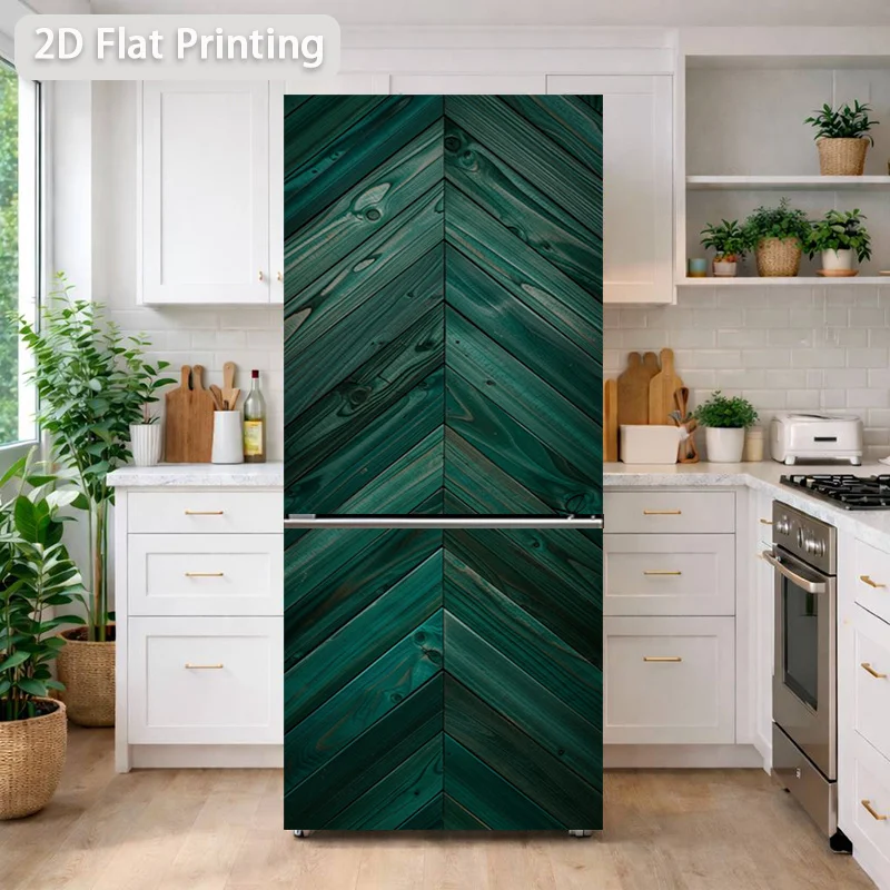 Refrigerator Sticker 60×180Cm Dark Green Herringbone Wood Veneer Theme Design Wall Sticker Decoration Wallpaper Self-Adhesive,