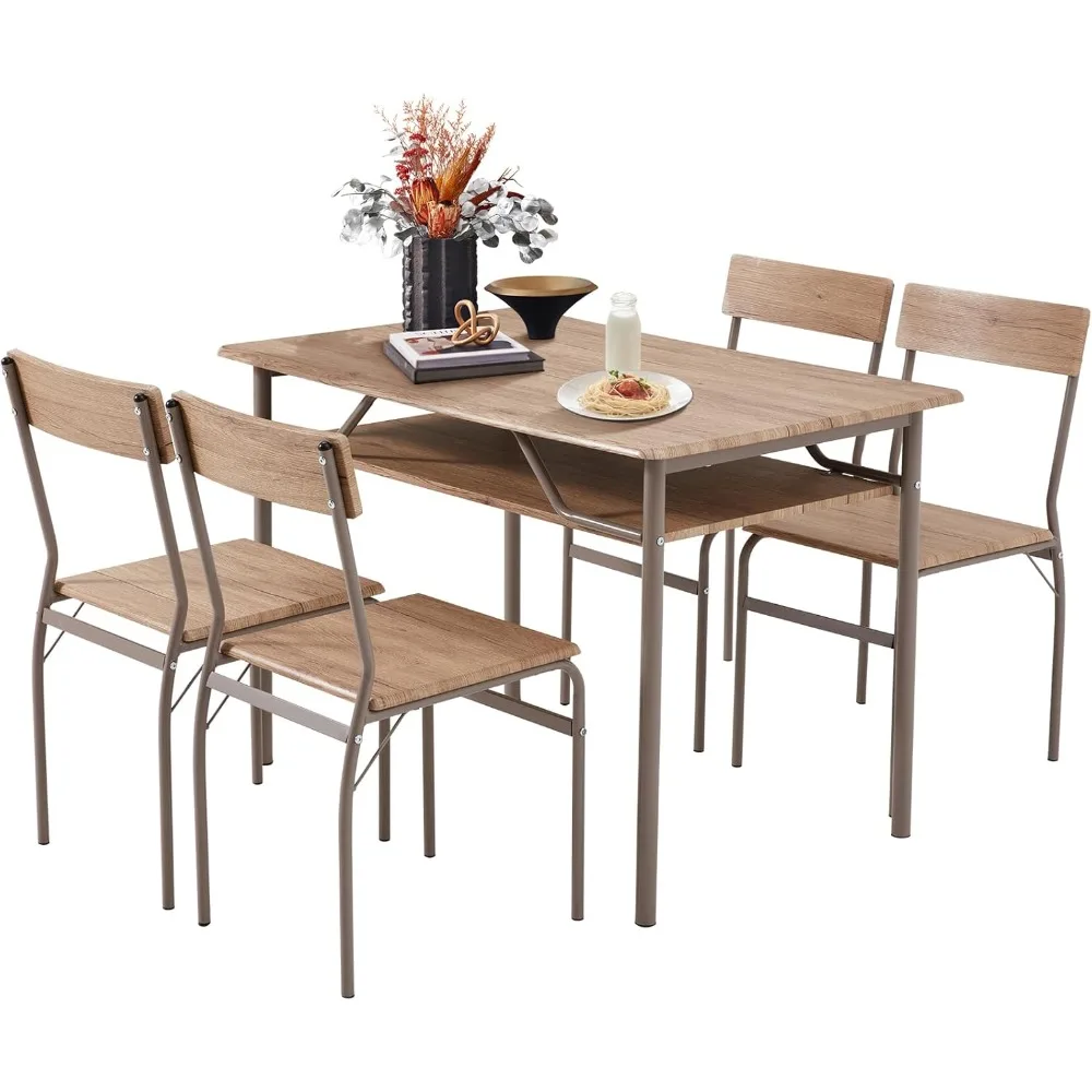

Dining Table Set for 4, Wood Kitchen Table and Chairs with Storage Shelves & Metal Frame, Compact Mid-Century Modern Rectangle