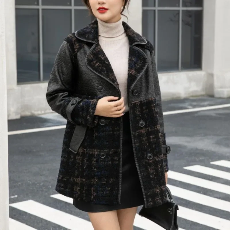 Mid-long leather jacket for women, thick velvet jacket, V-neck, loose leather on both sides, Korean version, autumn and winter