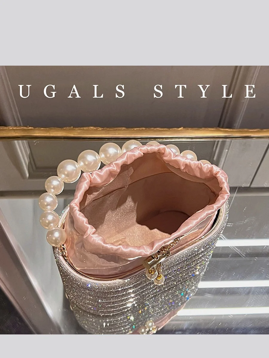 UGALS Fairy Metal Diamond Bucket Handbag Party Crystal Birdcage Pearl Basket Shoulder Crossbody Bag Elegant Lady Sweet Style