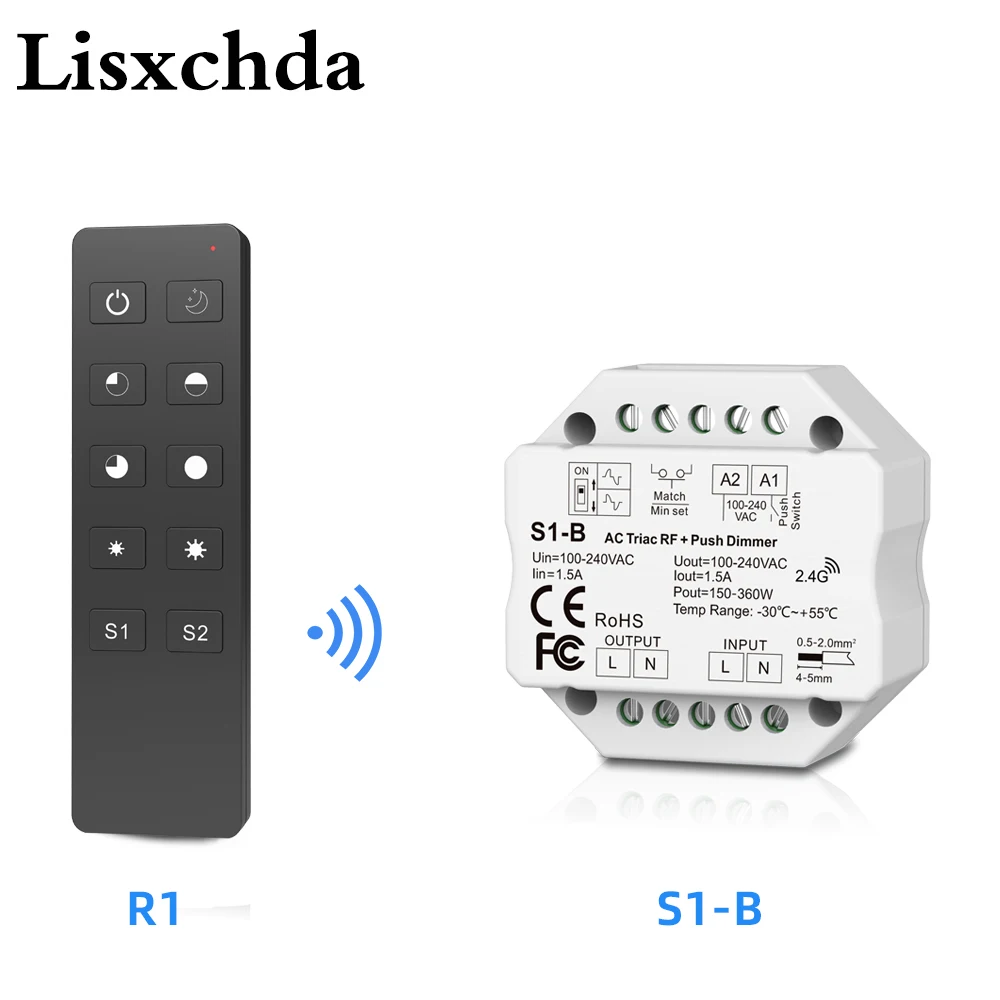 

S1-B LED Dimmer 220V 230V 110V PWM Dimer 2.4G RF Remote Control Push Switch 220V AC Triac Dimmer for LED Lamp Light Bulb