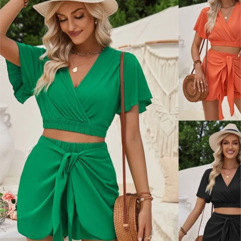 

2024 Women Tow Piece Set Suit Summer Sexy V-Neck Short Sleeve Top Solid Color Bandage Shorts Set Beach Resort Clothes for Women