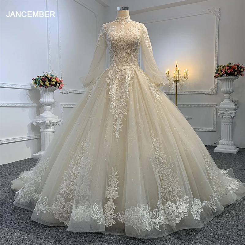 Luxury Wedding Dress Organza With Lace Sequins Ball Gown Full Sleeve High Neck Bride Dress Button Vestido De Novia Customized
