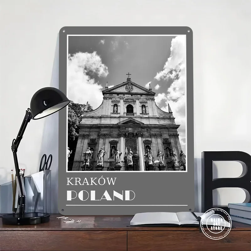 Krakow Church Facade Photo Travel Metal Poster Custom Wall Art Retro Vintage Tinplate Signs for Man Cave Mancave Decoration Home