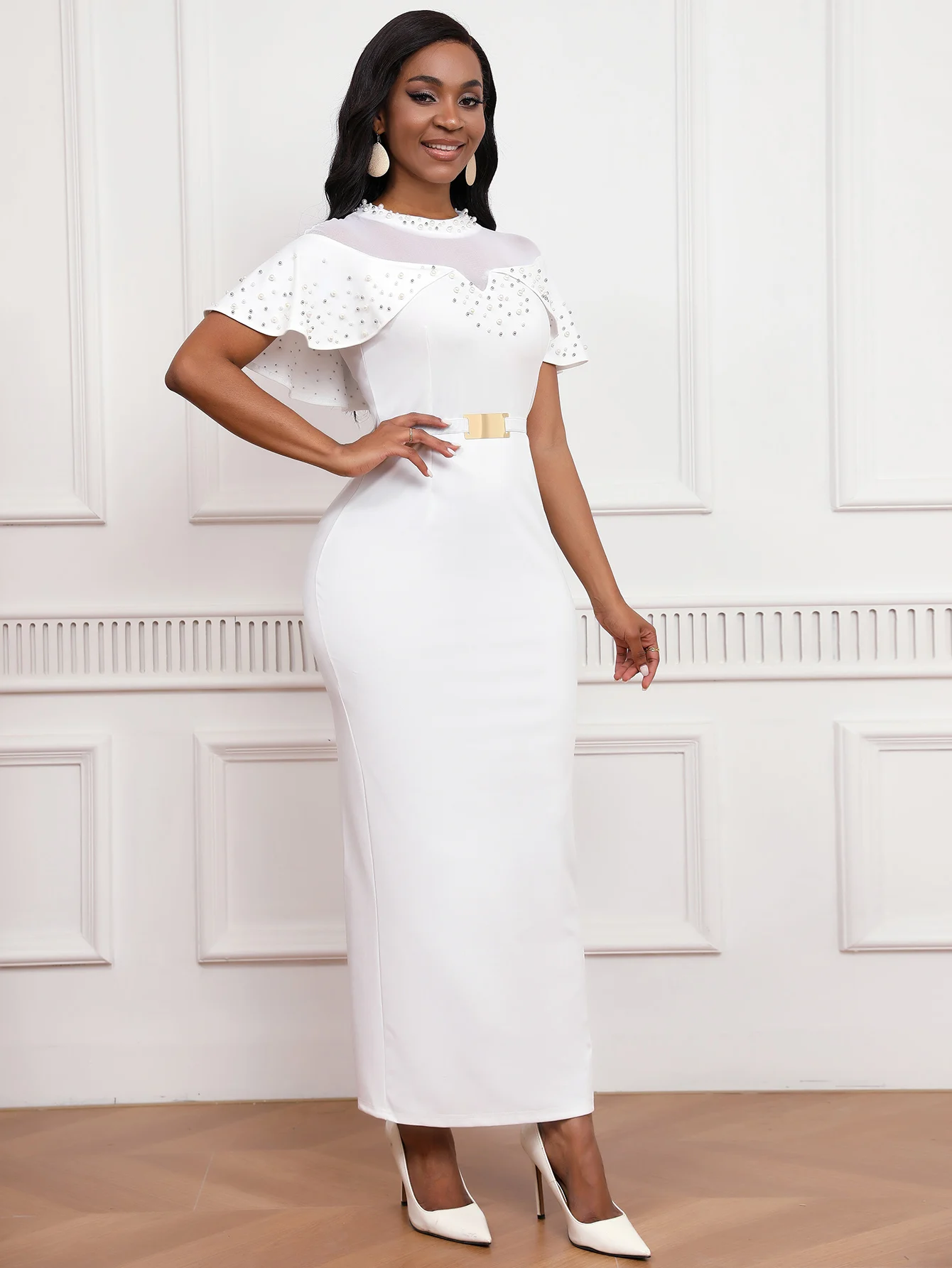 

2025 Fashion Elastic Banquet Elegant Dress with Beaded Tulle Shawl Sleeves, Belted, Slim-Fitting, and Pencil Long Skirt