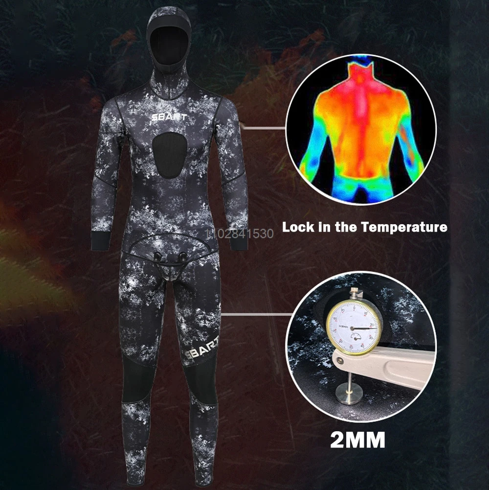 2MM Neoprene Wetsuit Camo Long Sleeve Submersible For Men Two-piece Hooded Diving Suit for Scuba Snorkeling Surfing Swimming