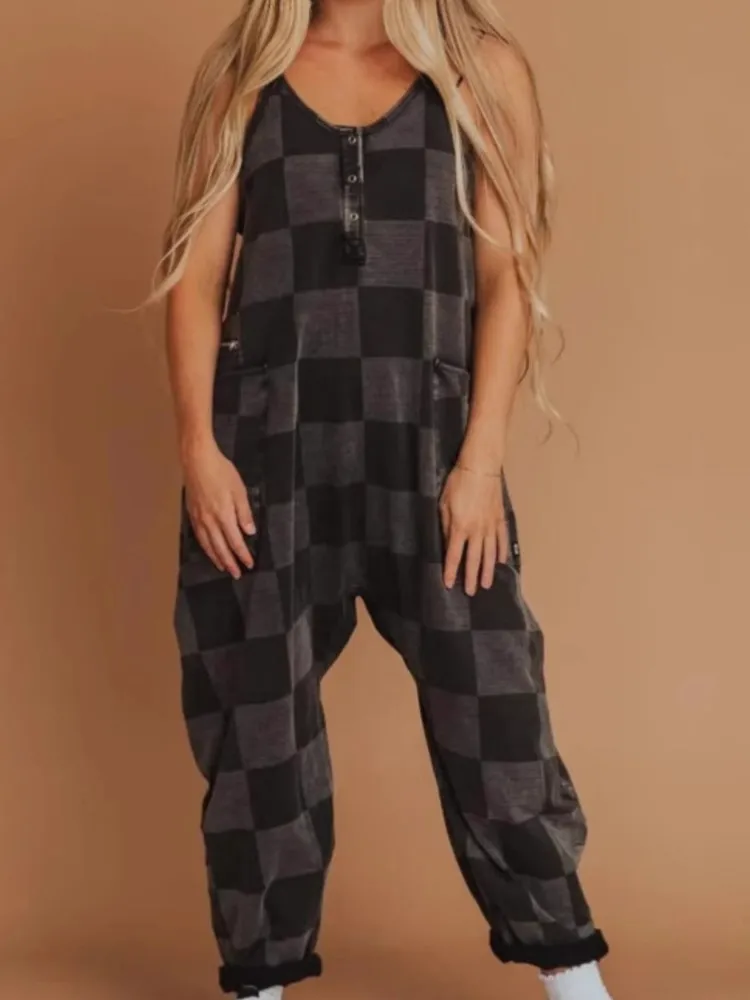 

Fashion Print Jumpsuit Lady Casual Sleeveless V Neck Loose Long Pants Pockets Jumpsuits For Women Holiday Streetwear Clothes New