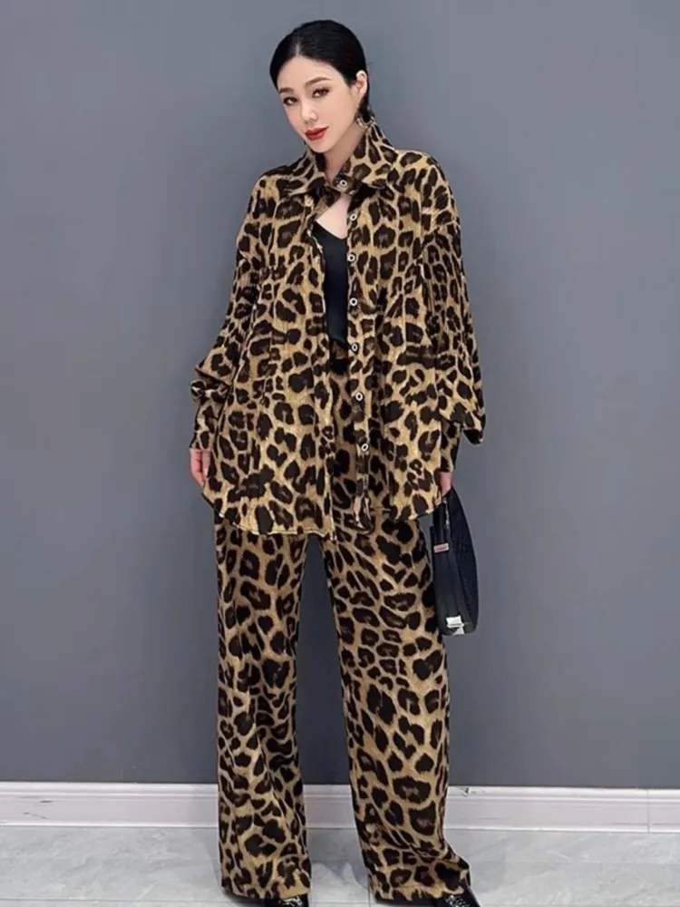 Fashion Leopard Print 2 Pieces Pants Set Women Loose Long Sleeve Shirts Wide Leg Pants Outfits Autumn Female Vintage Streetwear