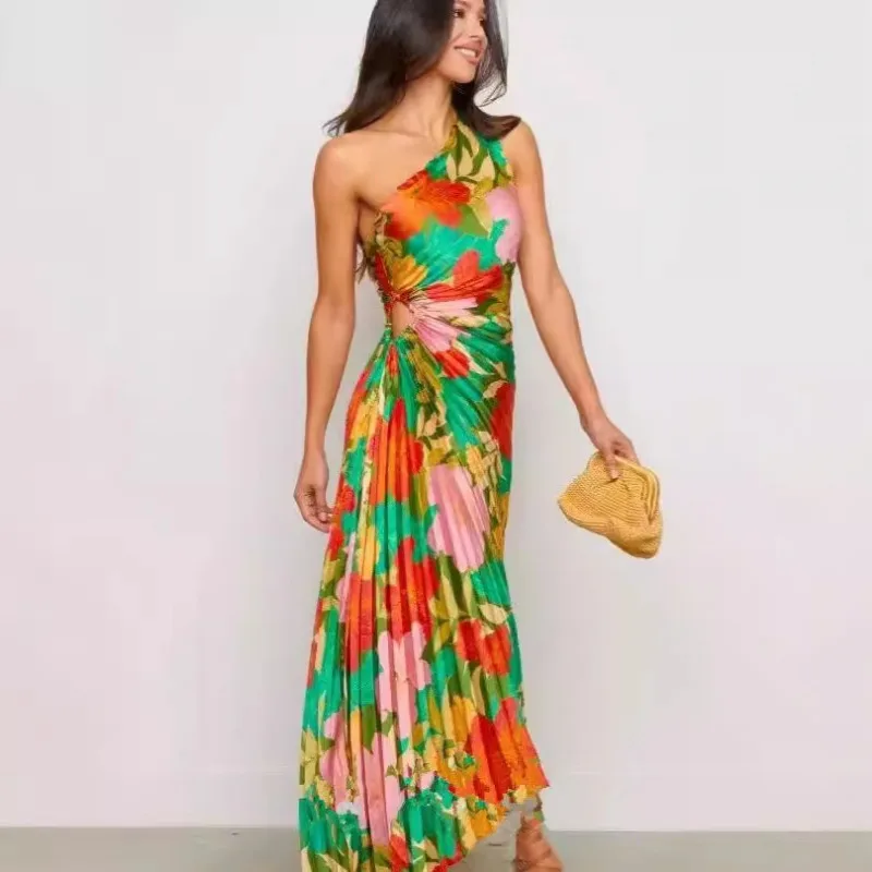 

Trend Elegant Women's Irregular Pleated Long Dress Sexy Sleeveless A-Line Slim Dress Party Birthday Wedding Floral Print Dress