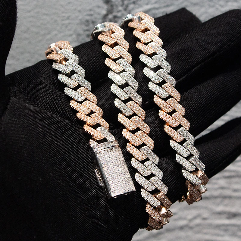Кубинская двухцветная цепочка Iced Out из стерлингового серебра 925 пробы с муассанитом в Майами, 12 мм, 2 ряда, позолоченная 14 карат