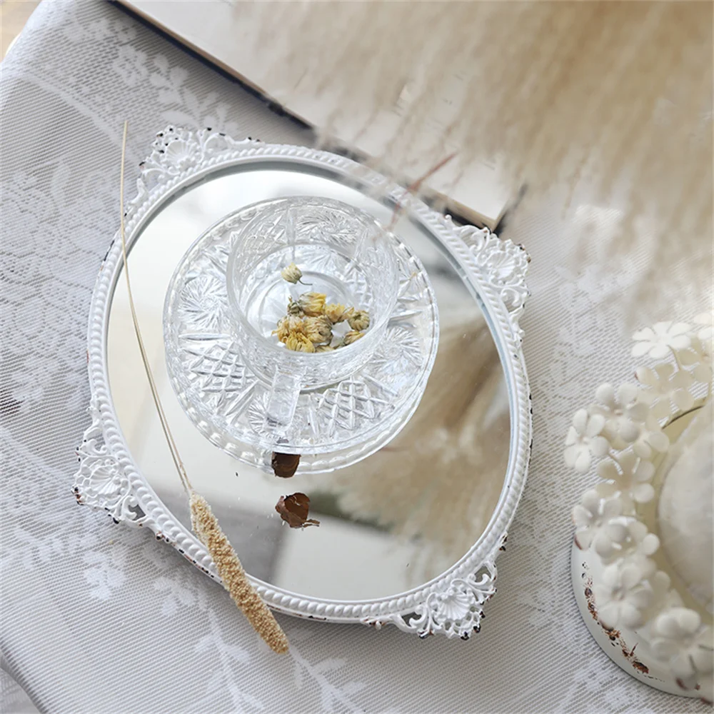French White Makeup Mirror Wall-Hanging Old Home Decoration Living Room Mirror Exquisite Carved Old Decoration Mirror