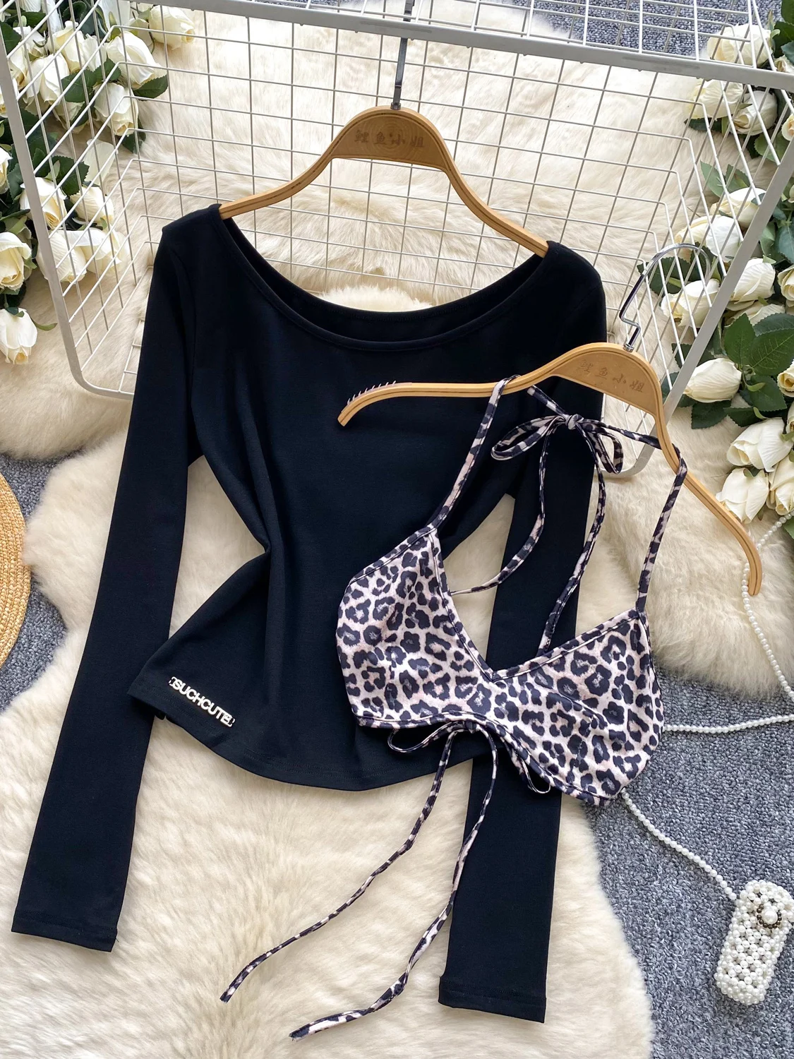 

Women's Autumn Faion Leopard Print ter Ne Vest Top Long Sve T-irt Two-Piece Set Base Layer Outerwear Korean Sle...