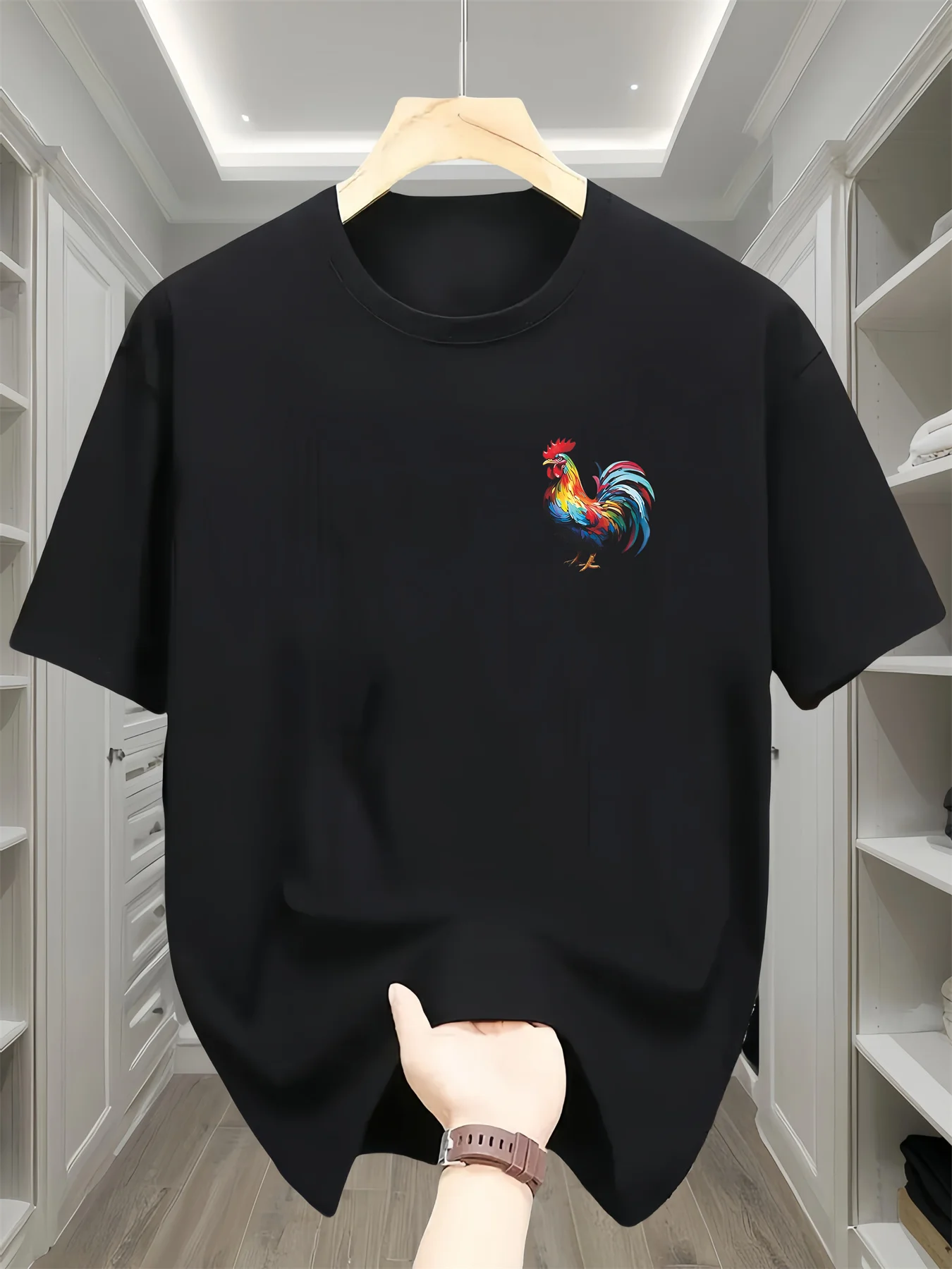 Men's Summer Fashionable Casual Loose Sports Bright Rooster Print Round Neck Short Sleeved T-shirt Top
