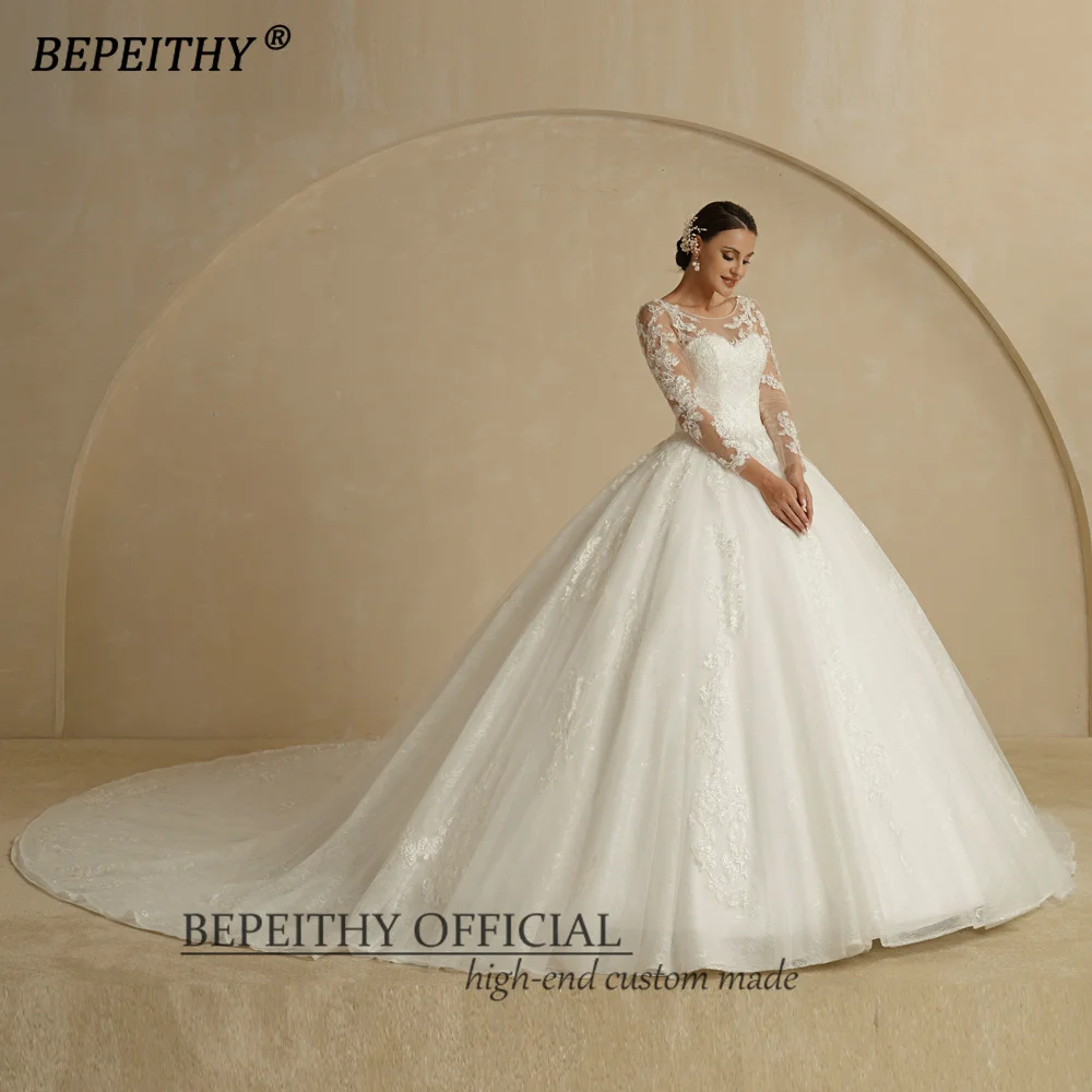 BEPEITHY-Vestidos de Novia de encaje de marfil para mujer, vestidos de novia de manga completa, tren de la capilla, vestido de baile de princesa blanco, Vintage Scoop, 2022