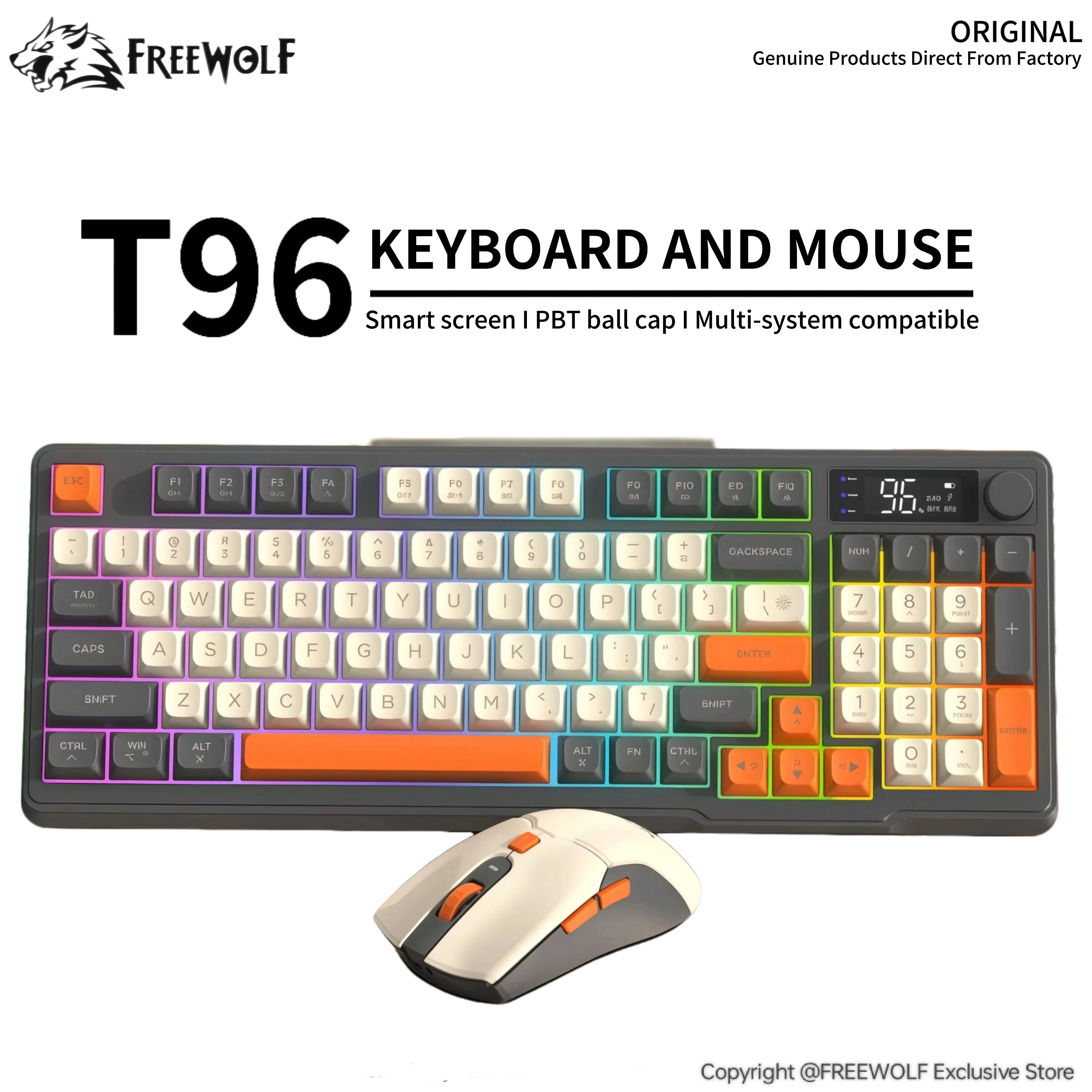 FREEWOLF T96 RGB Keyboard and Mouse,Wireless Dual-Mode Keyboard and Gaming Mouse Kit,Fashionable Three-Color Design for PC/Mac