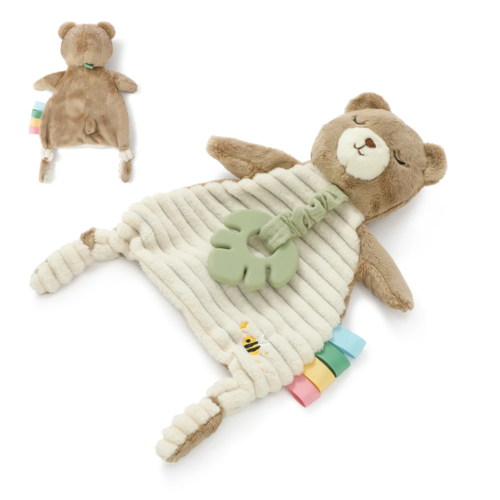 Plush Bear Security Blanket with Silicone Teether Double Sided Textures Crinkle Sound Baby Toys Soft Fabric Sensory Newborn Toys