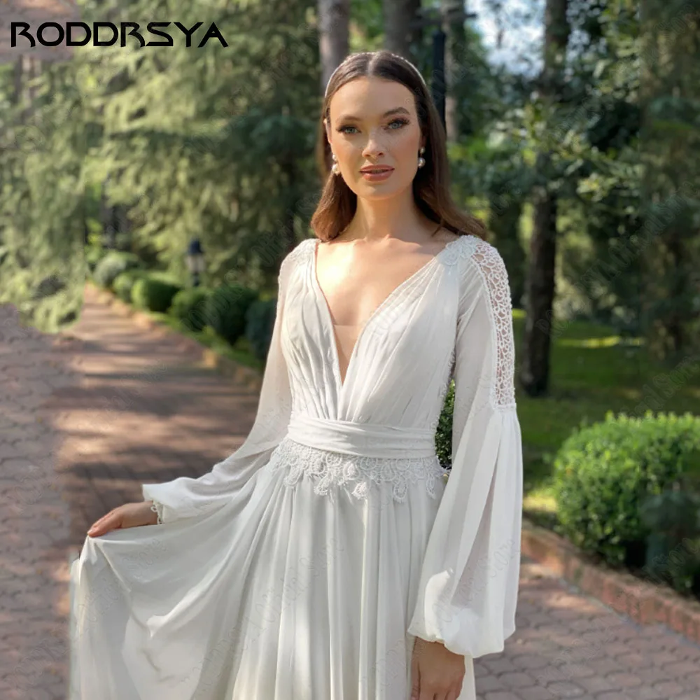 Roddrsya Bohemia V collar chiffon vestido de novia más granRODDRSYA-vestido de novia de gasa con cuello en V, traje bohemio de talla grande, Espalda descubierta, mangas largas abullonadas, encaje, línea A, talla grande