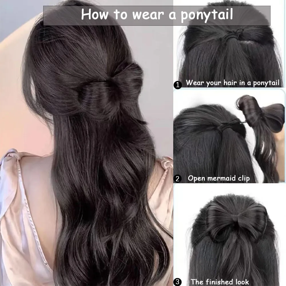 Y2k Bow Half Tied Synthetic Ponytail Fluffy Wavy Wig Wavy Catch Clip Contract Ball Head Braid Fake Ponytail Extension for Women