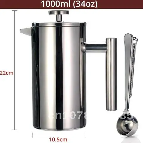 French Press Coffee Maker, 304 Stainless Steel, Double Wall, Maintains Hot Brewed Coffee or Tea, 3 Sizes with Seali