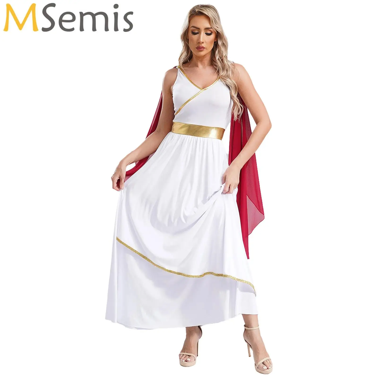 Ancient Roman Empress Fancy Dress Up Grecian Toga Greek Beaty Cosplay Costume Women Halloween Sleeveless Greece Queen Dress