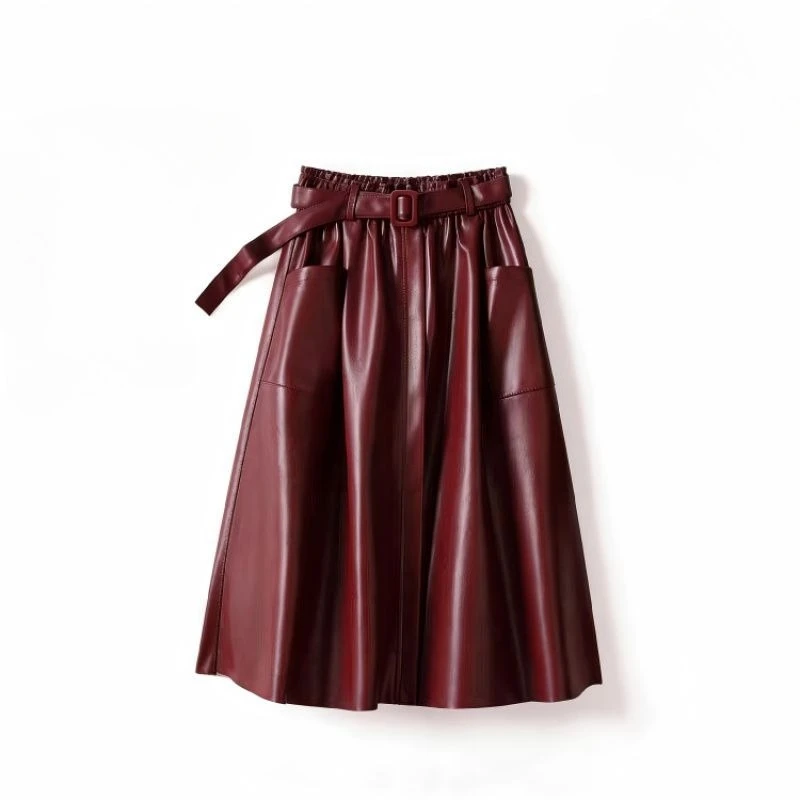 2026 Autumn Fashion New Style Wine Red High Waist PU Leather A-line Mini Skirt with Belt Slim Fit Spicy Girl Half Skirt