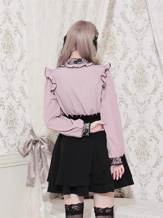 Japanese Lolita Long Sleeve Shirt Girls Sweet Cute Lace Splicing Bow Loose Elegant Fashion Blouses Office Ladies Autumn Tops