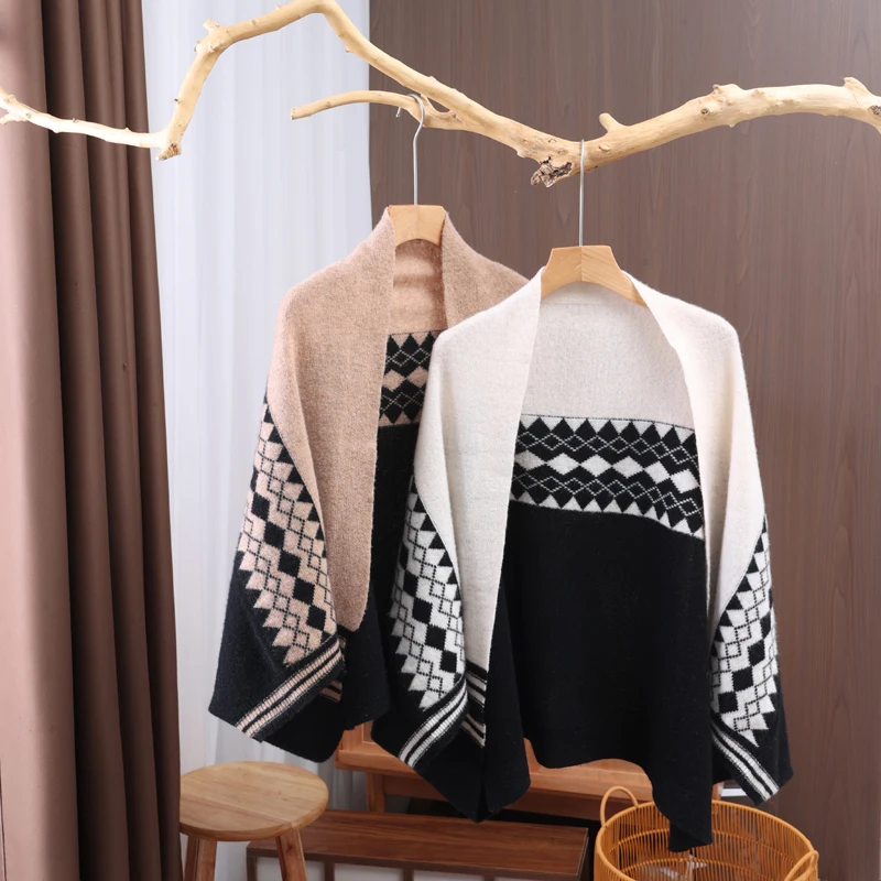 Autumn Winter Women Shawl 100% Pure Wool New Scarf Air Conditioning Shawl Loose Knitted Cape Diamond Color Block Warm Cape