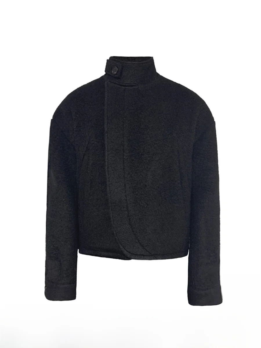 Jcaesar Wool Jacket with Button Closure Curly Texture Arc Door Closure Short And Wide for Men And Women Casual Style