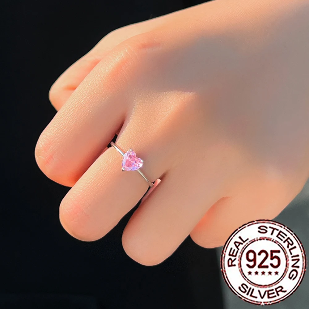 CWWZircons 925 Sterling Silver 1CT Pink Heart Shape CZ Stone Wedding Band Promise Rings for Women Fine Jewelry Lover Gifts SR046