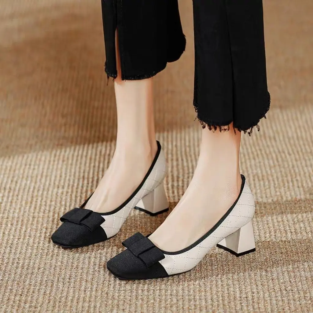 Woman Pumps Color Spelling Square Toe with Medium Heels Bow Shoes for Women Discount Vacation Stylish on Offer Fashion Young 39