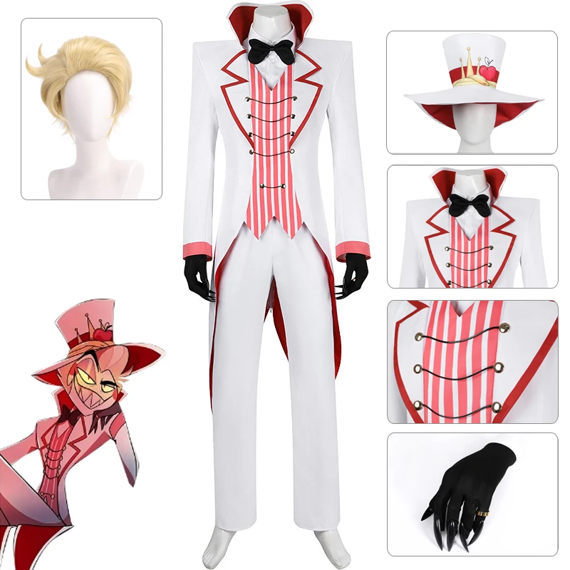 In Stock  XS-2XL Lucifer Hazbin Cosplay Costume Wig Hat Ring Anime Uniform Jacket Pants Gloves Halloween Party Outfits for Men