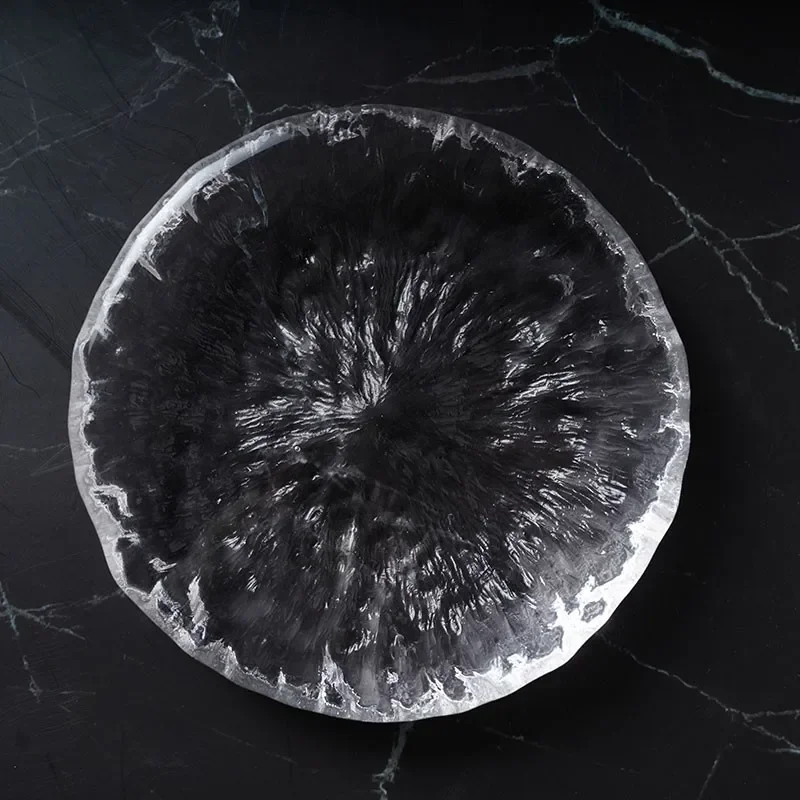 Retro Transparent Special-shaped Ice-like Light-sensitive Glass Plate Round Hammer Artistic Conception Cooking Flat Plate