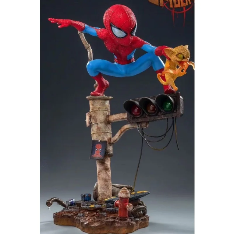

Marvel character Spider-Man catches a kitten at a traffic light scene Figurine Model Collection Decoration Ornaments Toys Gift