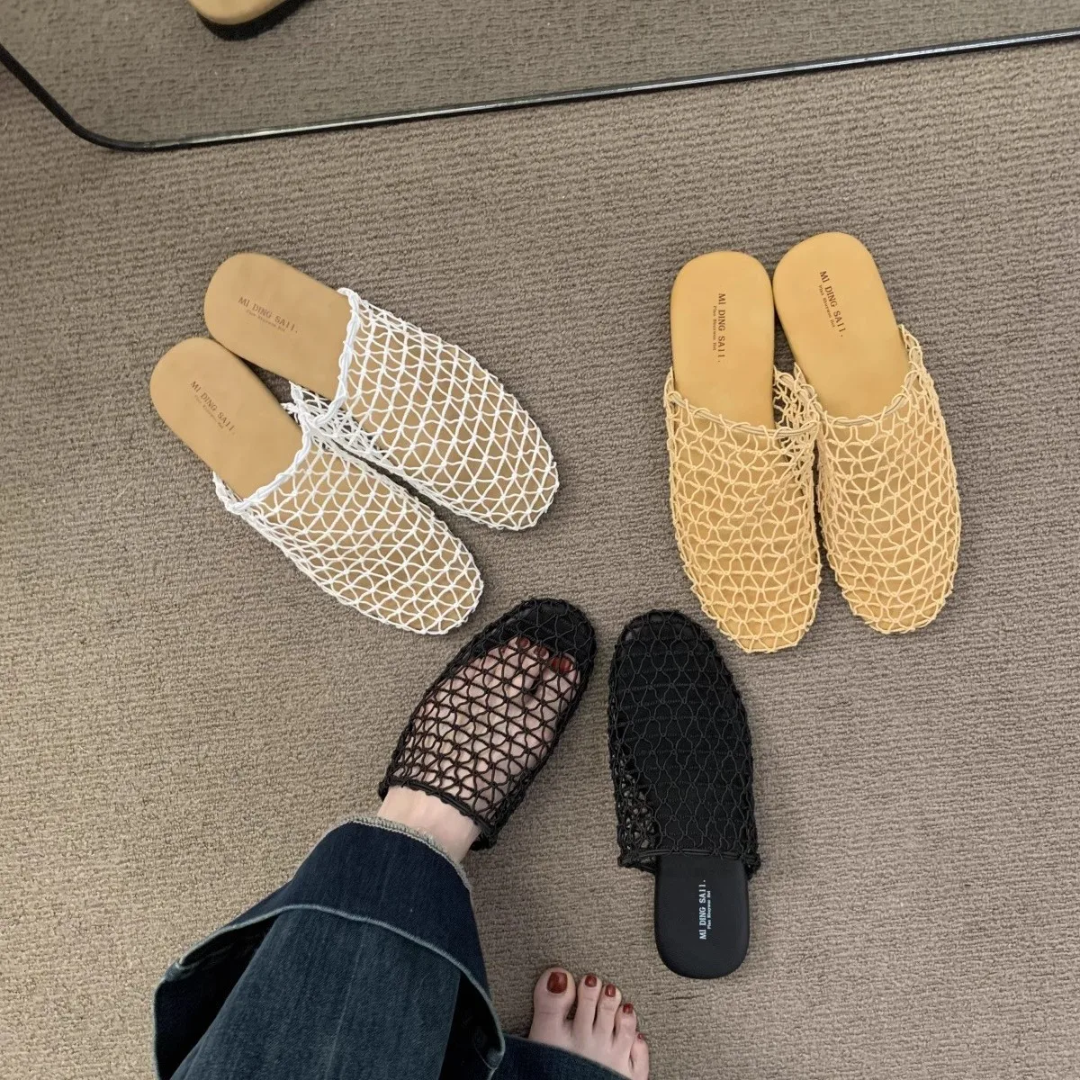 Medias zapatillas francesas con punta plana para mujer, ropa de verano, nuevos zapatos con agujeros perforados de malla 2025, zapatillas frescas de un pie