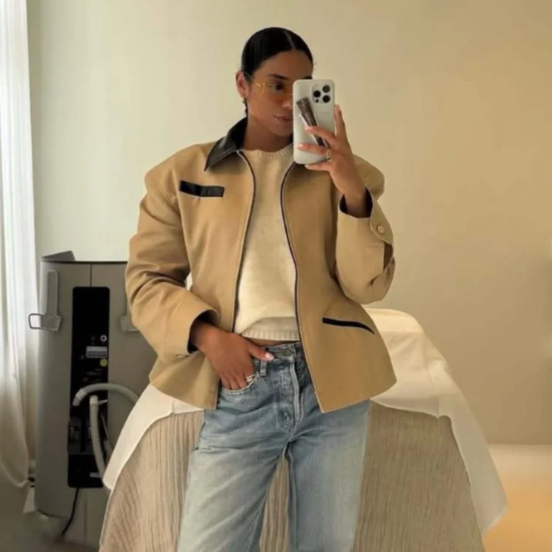 Casual Chic Lapel Short Jacket Two Way Zipper Stylish Jackets Autumn Winter Vintage Coats Versatile Stylish Women's Streetwear