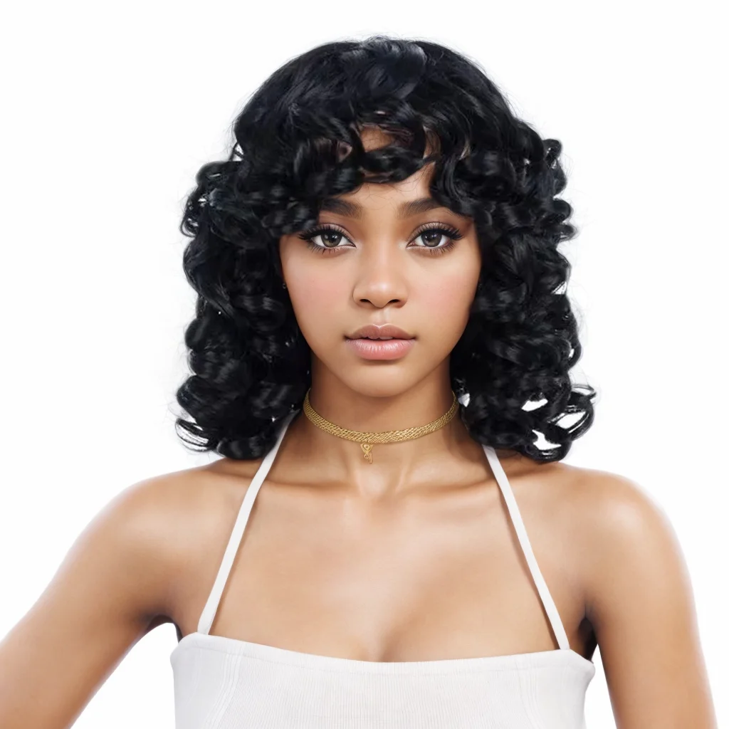 

MSIWIGS Short Wigs With Curly Bangs Black Synthetic Heat Resistant Hair for Women Africa America