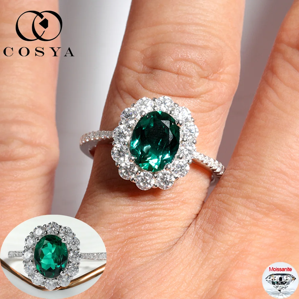 

COSYA 3cttw 7*9mm Real D Color Oval Cut Lab Grown Colombian Emerald/ Moissanite Ring for Women 925 Silver Wedding Fine Jewelry